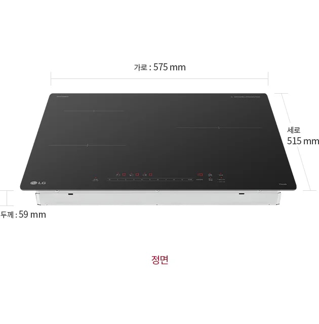 인덕션의 크기는 가로 575mm, 세로 515mm, 두께 59mm로 표시되어 있습니다. 상판에는 네 개의 조리 구역이 있으며, 하단 중앙에는 빨간색으로 표시된 터치식 조작 버튼들이 있습니다. 인덕션의 정면 모습이 강조되어 있습니다.