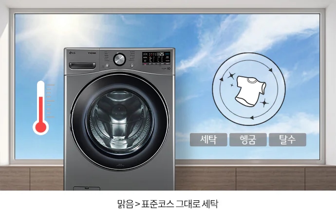 세탁기가 큰 창문 앞에 놓여 있으며, 창문 너머로 맑은 하늘이 보입니다. 세탁기 옆에는 빨간색 온도계 아이콘과 세탁, 헹굼, 탈수라는 글자가 적힌 원형 아이콘이 있습니다. 맑음 > 표준코스 그대로 세탁이라는 문구가 있습니다.