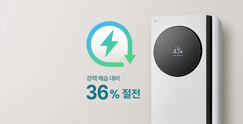 회색 배경에 스탠드 에어컨이 배치되어 있으며, 좌측에는 그라데이션이 들어간 녹색 계열의 번개와 아래로 향하는 동그란 아이콘이 결합된 절전 아이콘이 노출되고 있으며, 제품 위로는 강력 제습 대비 36% 절전이라는 문구가 노출되고 있습니다.
