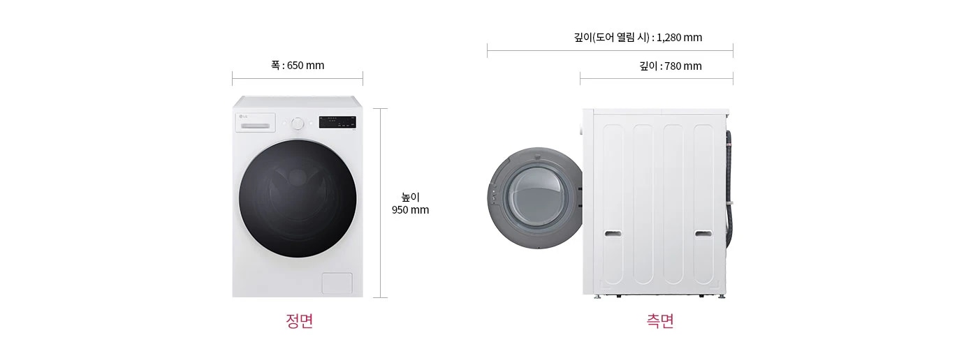 드럼세탁기의 정면과 측면 모습이 나란히 배치되어 있습니다. 세탁기의 폭은 650mm, 높이는 950mm로 표시되어 있습니다. 측면에서는 세탁기의 도어가 열려 있으며, 내부가 보입니다. 세탁기의 깊이는 780mm이며, 도어가 열렸을 때의 깊이는 1,280mm로 표시되어 있습니다. 정면과 측면 아래에는 각각 정면, 측면이라는 텍스트가 적혀 있습니다.