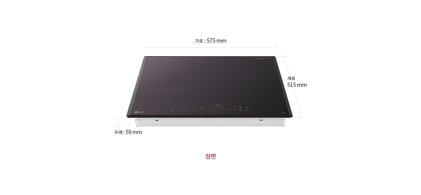 LG 디오스 인덕션의 정면 이미지로, 검은색 상판에 네 개의 조리 구역이 표시되어 있습니다. 상단에는 가로: 575 mm, 세로: 515 mm라는 치수 정보가 있으며, 왼쪽 하단에는 두께: 59 mm라는 정보가 있습니다. 하단 중앙에는 정면이라는 글자가 적혀 있습니다.