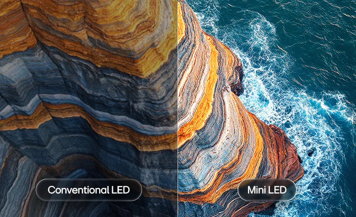 화질의 선명도를 보여주는 이미지 입니다. conventional LED와 Mini LED의 차이를 보여줍니다.