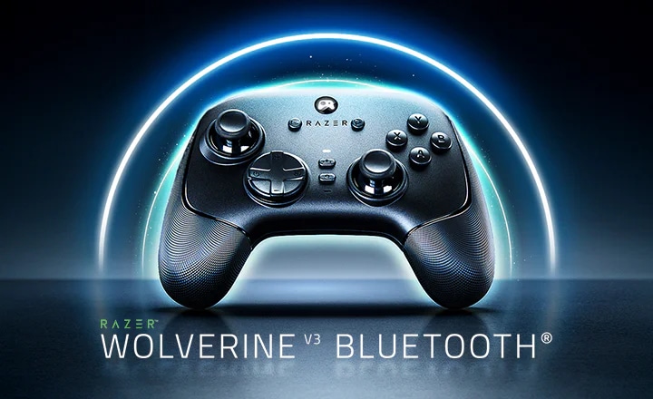 푸른색 조명의 배경 중심에 'RAZER WOLVERINE V3 BLUETOOTH' 게임 컨트롤러가 정면을 향해 배치되어 있습니다.
