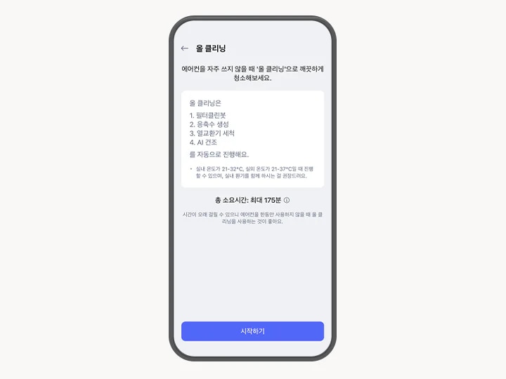 물 클리닝 기능에 대한 설명이 스마트폰 ThinQ 앱 화면에 표시되어 있습니다. 상단에는 물 클리닝이라는 제목이 있으며, 에어컨을 자주 쓰지 않을 때 올 클리닝으로 깨끗하게 청소해보세요.라는 안내 문구가 있습니다. 물 클리닝 과정은 1. 필터클린봇, 2. 응축수 생성, 3. 열교환기 세척, 4. AI 건조 순서로 자동 진행된다고 설명되어 있습니다. 또한, 실내 온도가 21~32℃, 실외 온도가 21~37℃일 때 진행할 수 있으며, 실내 환기를 함께 하시는 걸 권장드려요.라는 주의 사항이 포함되어 있습니다. 총 소요 시간은 최대 175분이라고 명시되어 있으며, 시간이 오래 걸릴 수 있으니 에어컨을 한동안 사용하지 않을 때 올 클리닝을 사용하는 것이 좋아요.라는 권장 문구가 포함되어 있습니다. 화면 하단에는 시작하기라는 파란색 버튼이 있습니다.