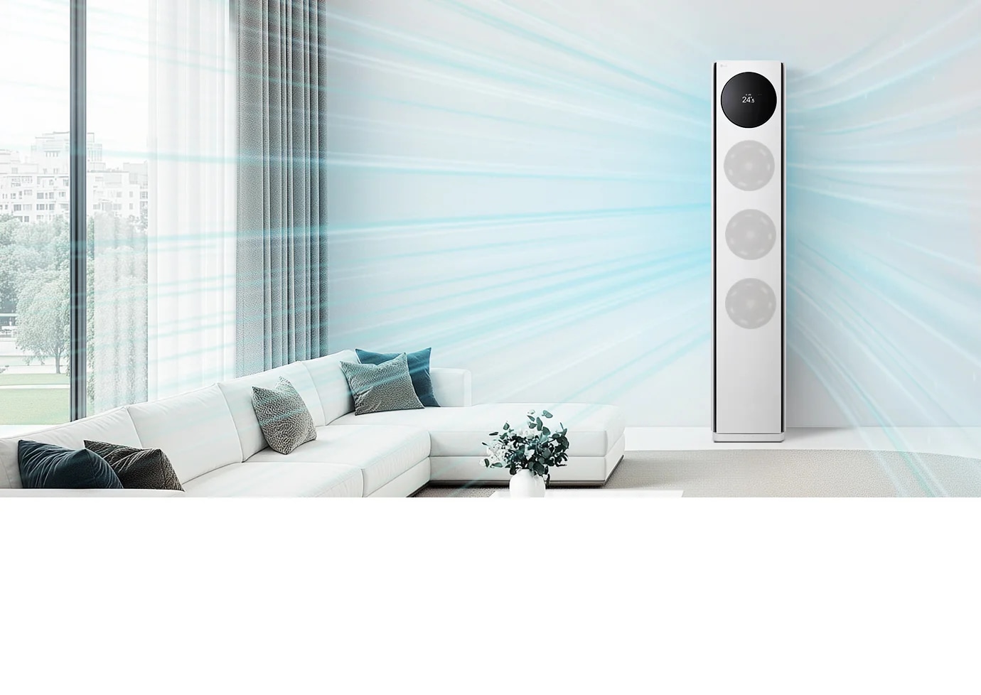 LG 휘센 AI 오브제컬렉션 타워I 에어컨이 거실 벽면 앞에 설치되어 있으며, 상단의 원형 블랙 디지털 디스플레이에 온도와 습도 정보가 표시되어 있습니다. 에어컨 전면에는 4개의 팬이 보여지고 있고, 전면과 측면에서 연한 파란색 선 형태의 그래픽이 사방으로 퍼져 나가며 실내 전체로 기류가 확산되는 모습을 나타내고 있습니다. 거실에는 큰 창문을 통해 자연광이 들어오고, 왼쪽에는 밝은 색의 L자형 소파와 쿠션이 배치되어 있으며, 중앙에는 작은 테이블과 화분이 놓여 있습니다. 이 이미지는 4개의 팬이 돌면서 에어컨 양쪽 토출구를 통해 강력한 바람이 나오는 실내 공간을 시각적으로 표현하고 있습니다.