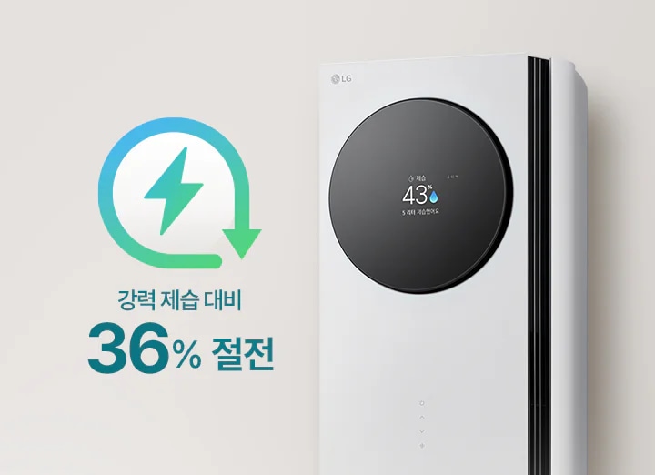 회색 배경에 스탠드 에어컨이 배치되어 있으며, 좌측에는 그라데이션이 들어간 녹색 계열의 번개와 아래로 향하는 동그란 아이콘이 결합된 절전 아이콘이 노출되고 있으며, 제품 위로는 강력 제습 대비 36% 절전이라는 문구가 노출되고 있습니다.