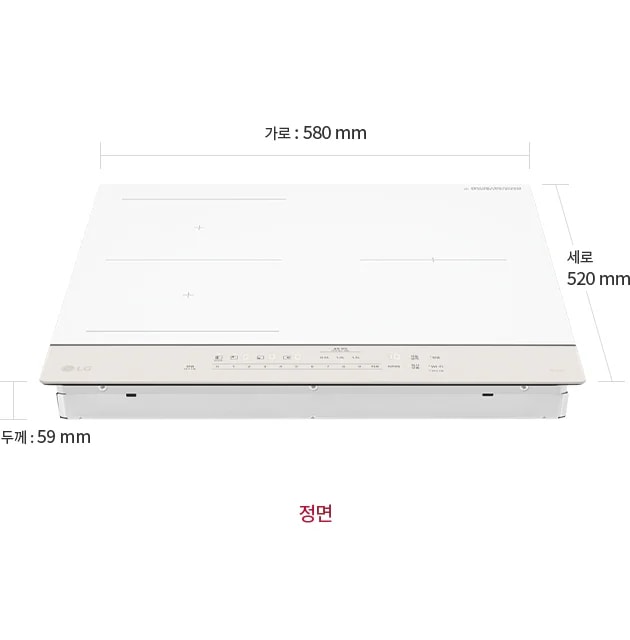 전기레인지 제품컷이 보이며 각각 가로 580mm, 세로 520mm, 두께 59mm로 표기되어있습니다. 제품 하단에 정면이라는 텍스트가 써져있습니다.