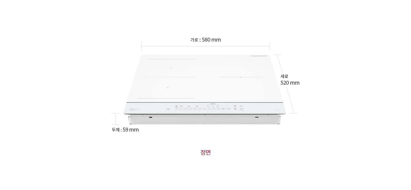 LG 디오스 오브제컬렉션 인덕션의 정면 모습이 보이며, 제품의 크기는 가로 580mm, 세로 520mm, 두께 59mm로 표시되어 있습니다.