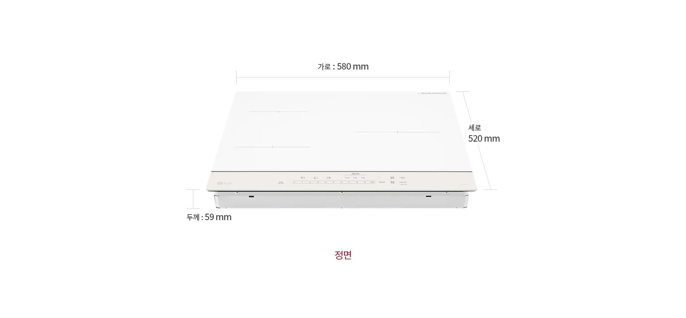 LG 디오스 오브제컬렉션 인덕션의 정면 모습이 보이며, 상단에는 가로 580mm, 세로 520mm, 두께 59mm의 치수가 표시되어 있습니다.