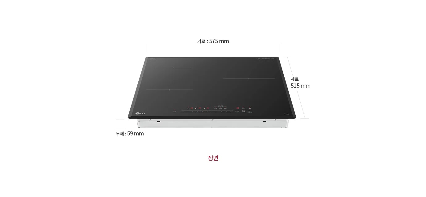 검은색의 LG 디오스 인덕션이 정면에서 보입니다. 인덕션 상단에는 네 개의 조리 구역이 있으며, 각 구역은 얇은 선으로 표시되어 있습니다. 하단에는 터치식 조작 패널이 위치해 있으며, 다양한 조작 버튼과 숫자가 빨간색으로 표시되어 있습니다. 제품의 크기는 가로 575mm, 세로 515mm, 두께 59mm로 명시되어 있습니다.