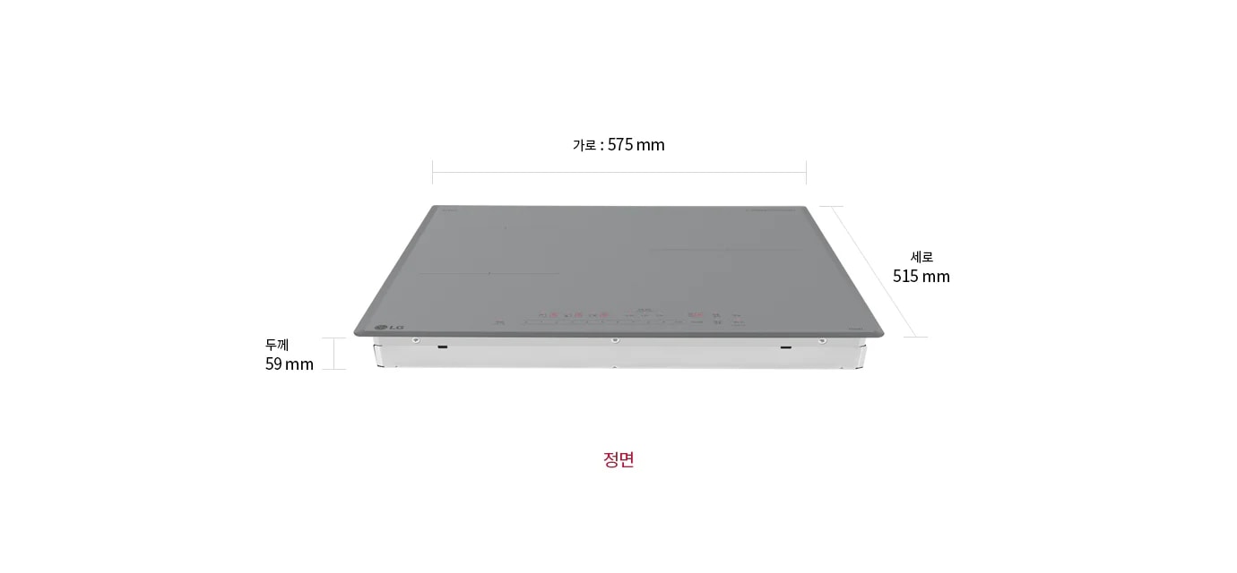 LG 디오스 인덕션의 정면 모습이 보이며, 가로 575mm, 세로 515mm, 두께 59mm로 표시되어 있습니다.