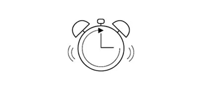 알람 시계 아이콘이 있으며, 시계 바늘이 12시를 가리키고 있습니다. 시계 양옆에는 진동을 나타내는 곡선이 그려져 있습니다.