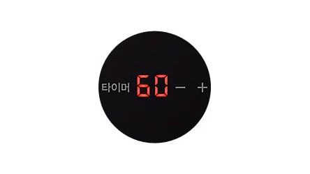 검은색 원형 배경에 빨간색 디지털 숫자로 타이머 60 -와 +가 표시되어 있습니다.