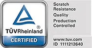 TÜV Rheinland 인증 로고가 있으며, Scratch Resistance, Quality, Production Controlled라는 문구가 나열되어 있습니다. 하단에는 웹사이트 주소 www.tuv.com과 ID 번호 1111212640이 표시되어 있습니다.