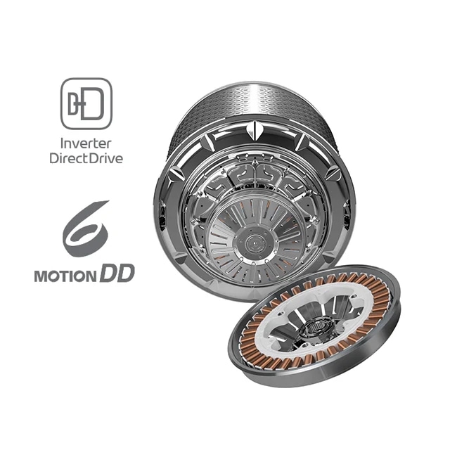 Inverter Direct Drive와 6 Motion DD라는 텍스트가 포함되어 있으며, 두 개의 금속 장치가 보입니다. 하나는 원형의 금속 드럼 모양이고, 다른 하나는 코일이 있는 원형 디스크 형태입니다. 금속 장치의 복잡한 기계적 구조가 드러나 있습니다.