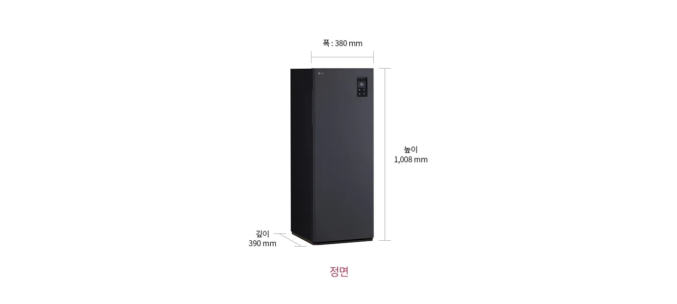 신발관리기가 화면 중앙에 위치해 있으며, 오른쪽 상단에는 작은 디스플레이 패널이 보입니다. 제품의 크기는 폭 380mm, 높이 1,008mm, 깊이 390mm로 표시되어 있습니다. 하단 중앙에는 정면이라는 텍스트가 적혀 있습니다. 제품의 외관은 깔끔하고 단순한 디자인을 가지고 있습니다.

