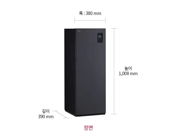 신발관리기가 화면 중앙에 위치해 있으며, 오른쪽 상단에는 작은 디스플레이 패널이 보입니다. 제품의 크기는 폭 380mm, 높이 1,008mm, 깊이 390mm로 표시되어 있습니다. 하단 중앙에는 정면이라는 텍스트가 적혀 있습니다. 제품의 외관은 깔끔하고 단순한 디자인을 가지고 있습니다.
