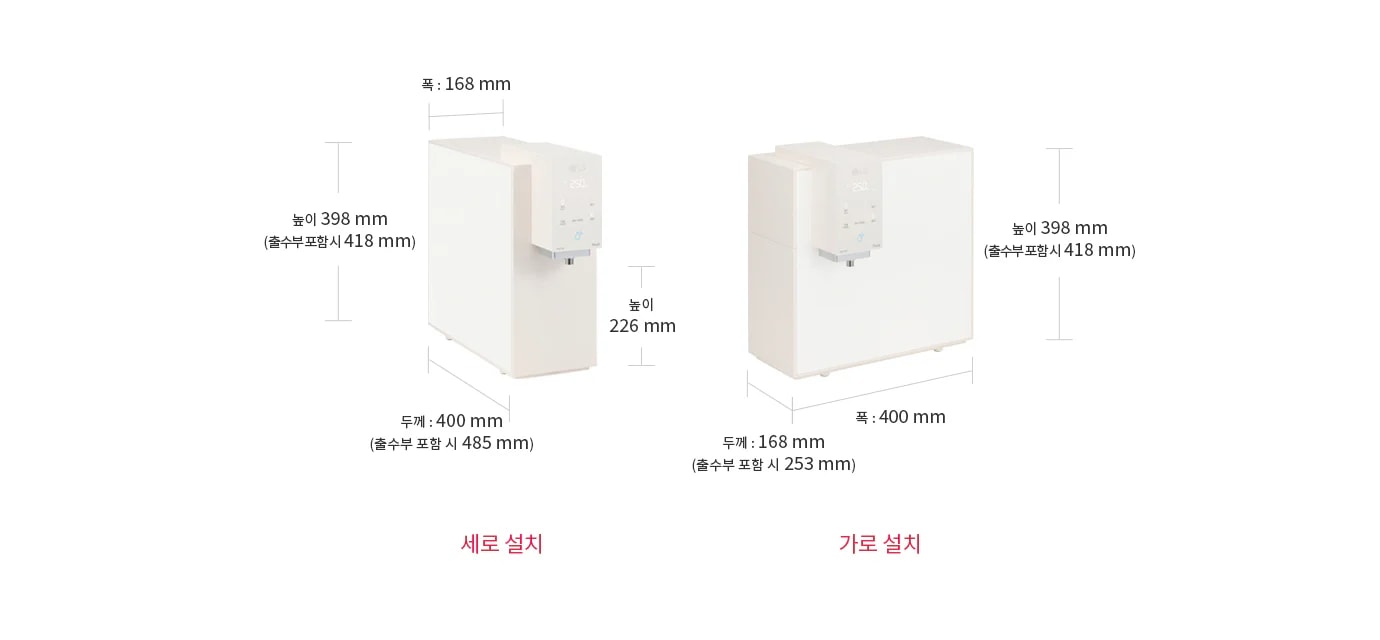 
  세로 설치된 정수기는 폭 168mm, 높이 398mm(출수부 포함 시 418mm), 두께 400mm(출수부 포함 시 485mm)입니다. 가로 설치된 정수기는 폭 400mm, 높이 398mm(출수부 포함 시 418mm), 두께 168mm(출수부 포함 시 253mm)입니다.