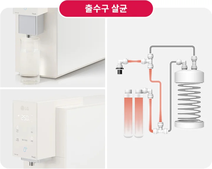 출수구에서 물이 컵에 담기고 있으며, LG 로고와 함께 온도 표시가 있는 디스플레이가 보입니다. 배관과 필터가 연결된 정수 시스템의 구조가 도식화되어 있습니다. 상단에는 '출수구 살균'이라는 문구가 있습니다.