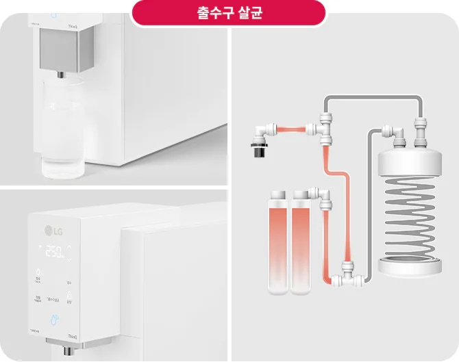 출수구 살균이라는 제목이 있는 이미지입니다. 왼쪽에는 물이 컵에 채워지는 모습과 LG 로고가 있는 디스플레이 패널이 보입니다. 디스플레이에는 25.0도라는 온도와 함께 여러 아이콘이 표시되어 있습니다. 오른쪽에는 복잡한 배관 시스템의 다이어그램이 있으며, 여러 관과 연결 부품들이 포함되어 있습니다.