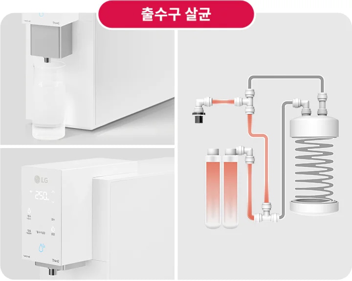 출수구 살균이라는 제목이 있는 이미지입니다. 왼쪽에는 물이 컵에 채워지는 모습과 LG 로고가 있는 디스플레이 패널이 보입니다. 디스플레이에는 25.0도라는 온도와 함께 여러 아이콘이 표시되어 있습니다. 오른쪽에는 복잡한 배관 시스템의 다이어그램이 있으며, 여러 관과 연결 부품들이 포함되어 있습니다.