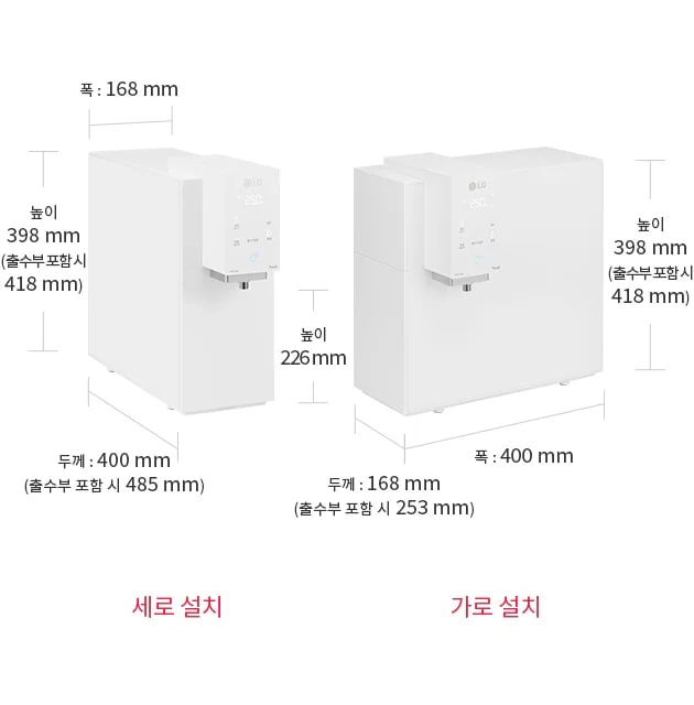 왼쪽의 세로 설치 제품은 폭 168mm, 높이 398mm(출수부 포함 시 418mm), 두께 400mm(출수부 포함 시 485mm)입니다. 오른쪽의 가로 설치 제품은 폭 400mm, 높이 398mm(출수부 포함 시 418mm), 두께 168mm(출수부 포함 시 253mm)입니다.
