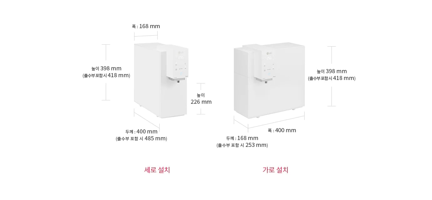 왼쪽의 세로 설치 제품은 폭 168mm, 높이 398mm(출수부 포함 시 418mm), 두께 400mm(출수부 포함 시 485mm)입니다. 오른쪽의 가로 설치 제품은 폭 400mm, 높이 398mm(출수부 포함 시 418mm), 두께 168mm(출수부 포함 시 253mm)입니다.