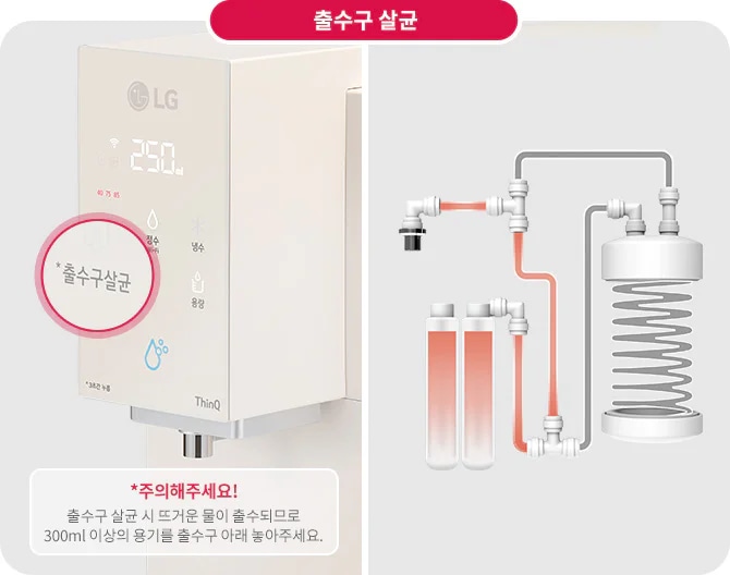 출수구 살균 기능을 설명하는 이미지입니다. 왼쪽에는 LG 로고와 함께 온도 표시, 냉수, 정수, 온수 버튼이 있는 정수기 패널이 보입니다. "출수구 살균"이라는 문구가 강조되어 있으며, 하단에는 "주의해주세요! 출수구 살균 시 뜨거운 물이 출수되므로 300ml 이상의 용기를 출수구 아래 놓아주세요."라는 경고 문구가 있습니다. 오른쪽에는 배관과 필터 시스템의 구조가 도식화되어 있습니다.