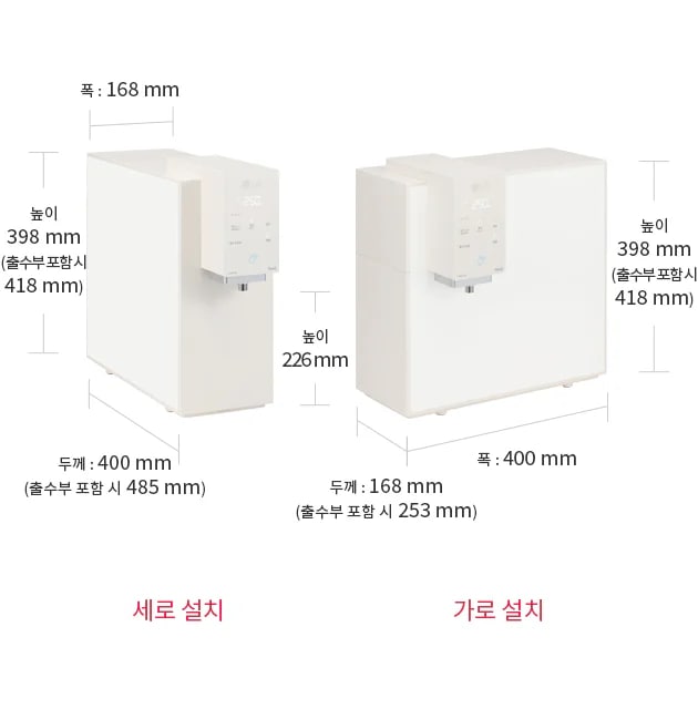 
  세로 설치된 정수기는 폭 168mm, 높이 398mm(출수부 포함 시 418mm), 두께 400mm(출수부 포함 시 485mm)입니다. 가로 설치된 정수기는 폭 400mm, 높이 398mm(출수부 포함 시 418mm), 두께 168mm(출수부 포함 시 253mm)입니다.