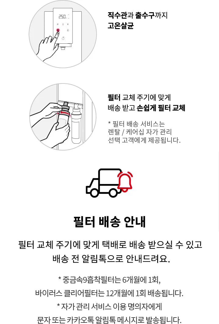 직수관과 출수구까지 고온살균하는 모습을 보여주는 그림과 필터 교체 주기에 맞춰 배송받고 손쉽게 필터를 교체하는 모습을 보여주는 그림이 있습니다. 필터 배송 서비스는 렌탈/케어십 자가 관리 선택 고객에게 제공됩니다. 필터 배송 안내로 필터 교체 주기에 맞춰 택배로 배송받을 수 있고 배송 전 알림톡으로 안내됩니다. 중금속 9중착필터는 6개월에 1회, 바이러스 클리어필터는 12개월에 1회 배송됩니다. 자가 관리 서비스 이용 명의자에게 문자 또는 카카오톡 알림톡 메시지로 발송됩니다.