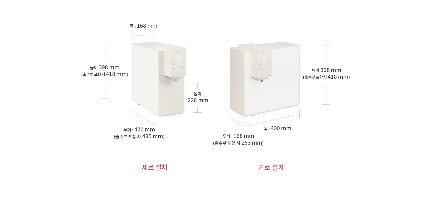 
  세로 설치된 정수기는 폭 168mm, 높이 398mm(출수부 포함 시 418mm), 두께 400mm(출수부 포함 시 485mm)입니다. 가로 설치된 정수기는 폭 400mm, 높이 398mm(출수부 포함 시 418mm), 두께 168mm(출수부 포함 시 253mm)입니다.