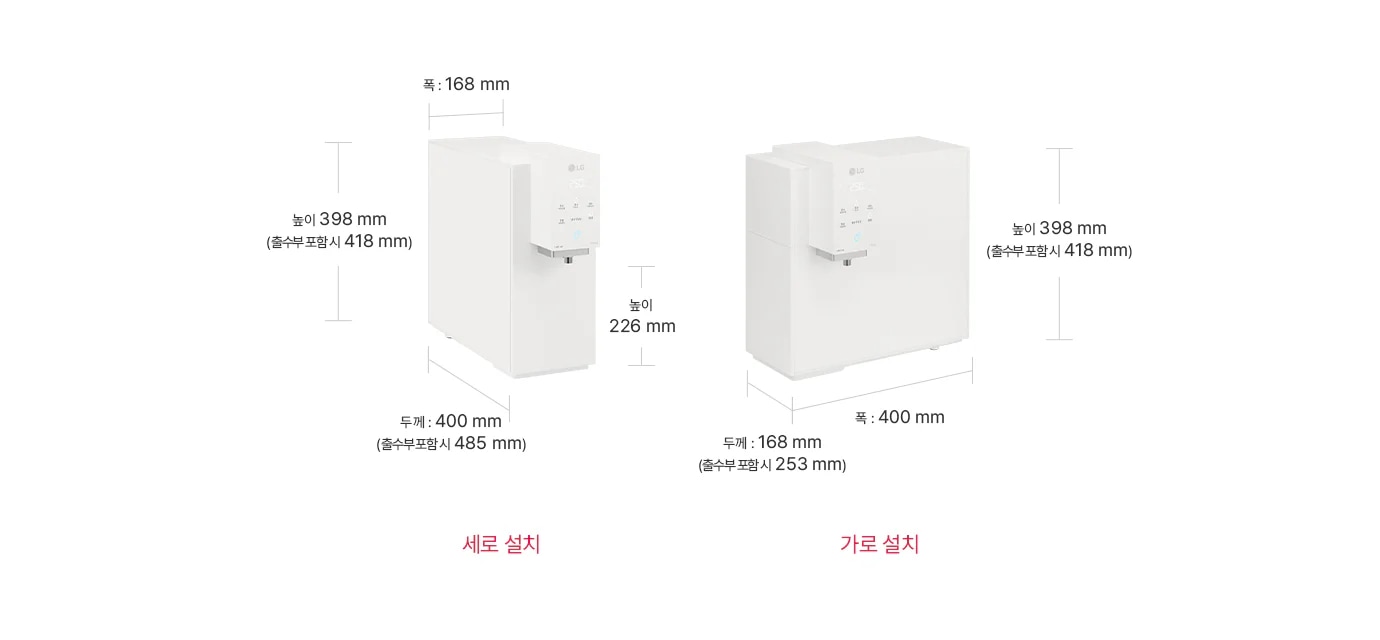 두 개의 정수기 설치 방식이 비교되어 있습니다. 첫 번째는 '세로 설치'로, 폭 168mm, 높이 398mm(출수부 포함 시 418mm), 두께 400mm(출수부 포함 시 485mm)입니다. 두 번째는 '가로 설치'로, 높이 398mm(출수부 포함 시 418mm), 폭 400mm, 두께 168mm(출수부 포함 시 253mm)입니다.