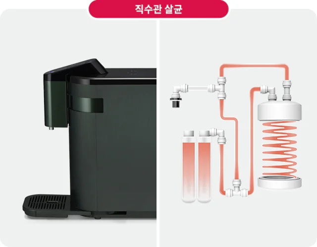 커피 머신과 직수관 살균 과정을 나타낸 이미지입니다. 커피 머신은 어두운 색상이며, 물이 흐르는 관과 필터 시스템이 연결된 구조가 보입니다. 관은 여러 개의 연결 부품을 통해 필터와 연결되어 있으며, 나선형 구조가 포함되어 있습니다. 상단에 "직수관 살균"이라는 텍스트가 있습니다.