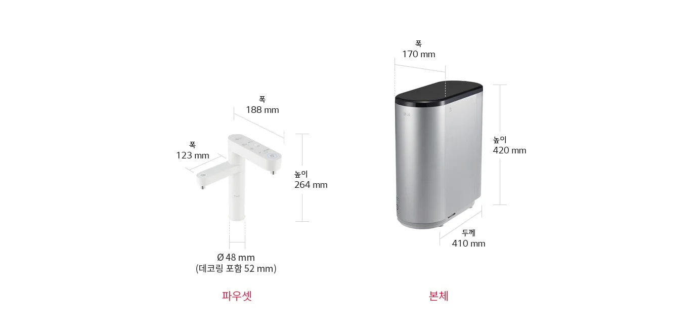 파우셋과 본체의 이미지입니다. 파우셋의 폭은 188mm, 높이는 264mm, 지름은 48mm이며 데코링 포함 시 52mm입니다. 본체의 폭은 170mm, 높이는 420mm, 두께는 410mm입니다.