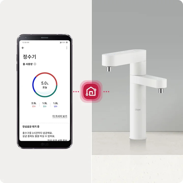 스마트폰 화면에는 정수기라는 제목과 함께 물 사용량이 표시되어 있으며, 오늘의 사용량은 5.0L로 나타나 있습니다. 사용량은 2.5L, 1.5L, 1.0L로 구분되어 각각 온수, 정수, 냉수를 나타냅니다. 더 자세히 보기 버튼과 안심살균 대기 중이라는 문구가 보입니다. 정수기와 스마트폰 사이에 연결을 나타내는 아이콘이 있으며, 흰색의 현대적인 디자인의 정수기가 배경에 있습니다.