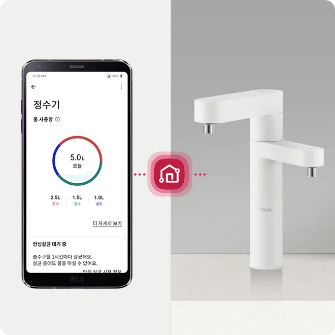 스마트폰 화면에는 정수기라는 제목과 함께 물 사용량이 표시되어 있으며, 오늘의 사용량은 5.0L로 나타나 있습니다. 사용량은 2.5L, 1.5L, 1.0L로 구분되어 각각 온수, 정수, 냉수를 나타냅니다. 더 자세히 보기 버튼과 안심살균 대기 중이라는 문구가 보입니다. 정수기와 스마트폰 사이에 연결을 나타내는 아이콘이 있으며, 흰색의 현대적인 디자인의 정수기가 배경에 있습니다.
