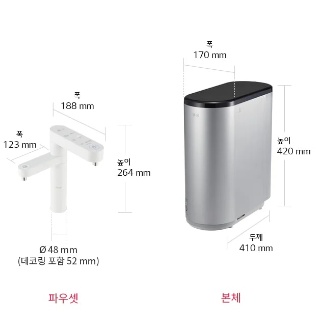 파우셋과 본체의 이미지입니다. 파우셋의 폭은 188mm, 높이는 264mm, 지름은 48mm이며 데코링 포함 시 52mm입니다. 본체의 폭은 170mm, 높이는 420mm, 두께는 410mm입니다.