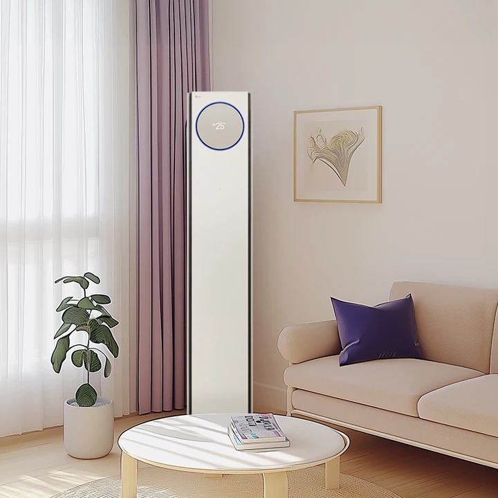 LG 휘센 타워 에어컨의 세련된 디자인과 쾌적한 실내 환경을 조성하는 기능을 시각적으로 보여주고 있습니다.