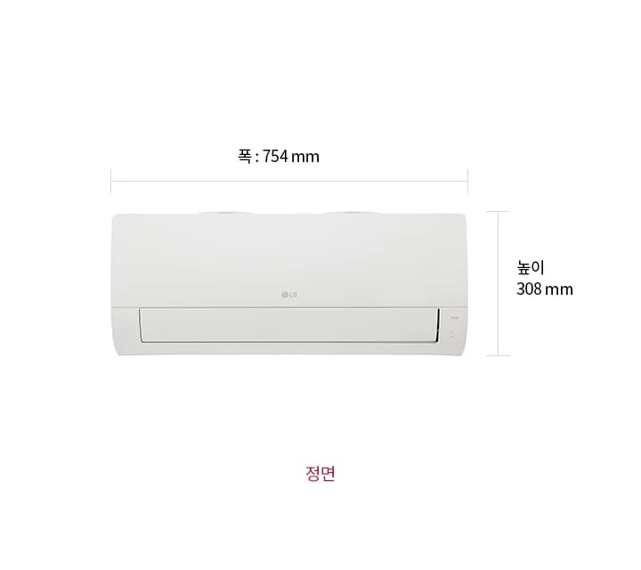 이미지는 벽걸이형 에어컨의 반측면을 보여줍니다. 폭은 754mm, 높이는 308mm, 두께는 789mm로 표시되어 있으며, 이미지 하단에는 반측면이라는 텍스트가 적혀 있습니다.
