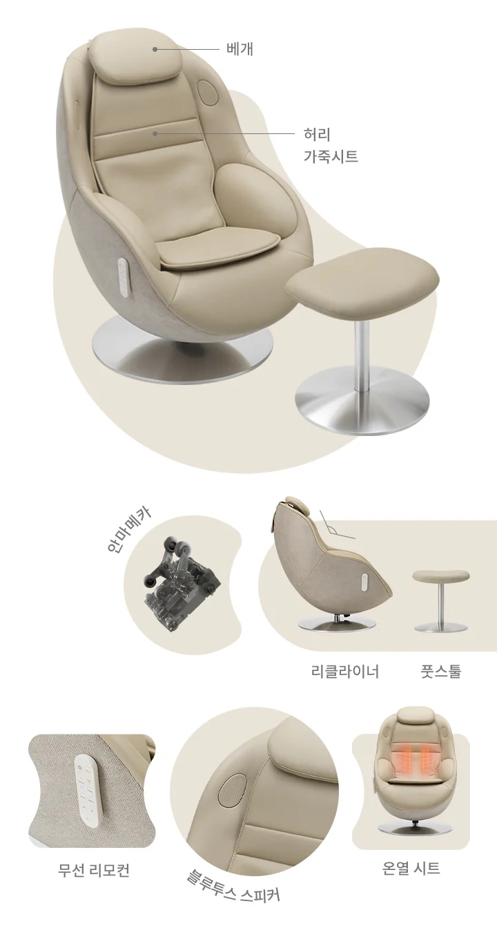 안마 의자와 관련된 여러 이미지가 포함되어 있습니다. 안마메카, 리클라이너, 풋스툴, 무선 리모컨, 베개, 허리 가죽시트, 블루투스 스피커, 온열 시트가 강조되어 있습니다. 각 요소는 의자의 다양한 기능과 편안함을 제공하는 데 중점을 두고 있습니다.