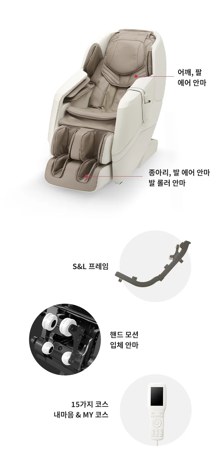 S&L 프레임, 핸드 모션 입체 안마, 15가지 코스 내마음 & MY 코스라는 텍스트가 포함되어 있습니다. 어깨, 팔 에어 안마와 종아리, 발 에어 안마, 발 롤러 안마 기능이 있는 안마 의자가 있습니다.