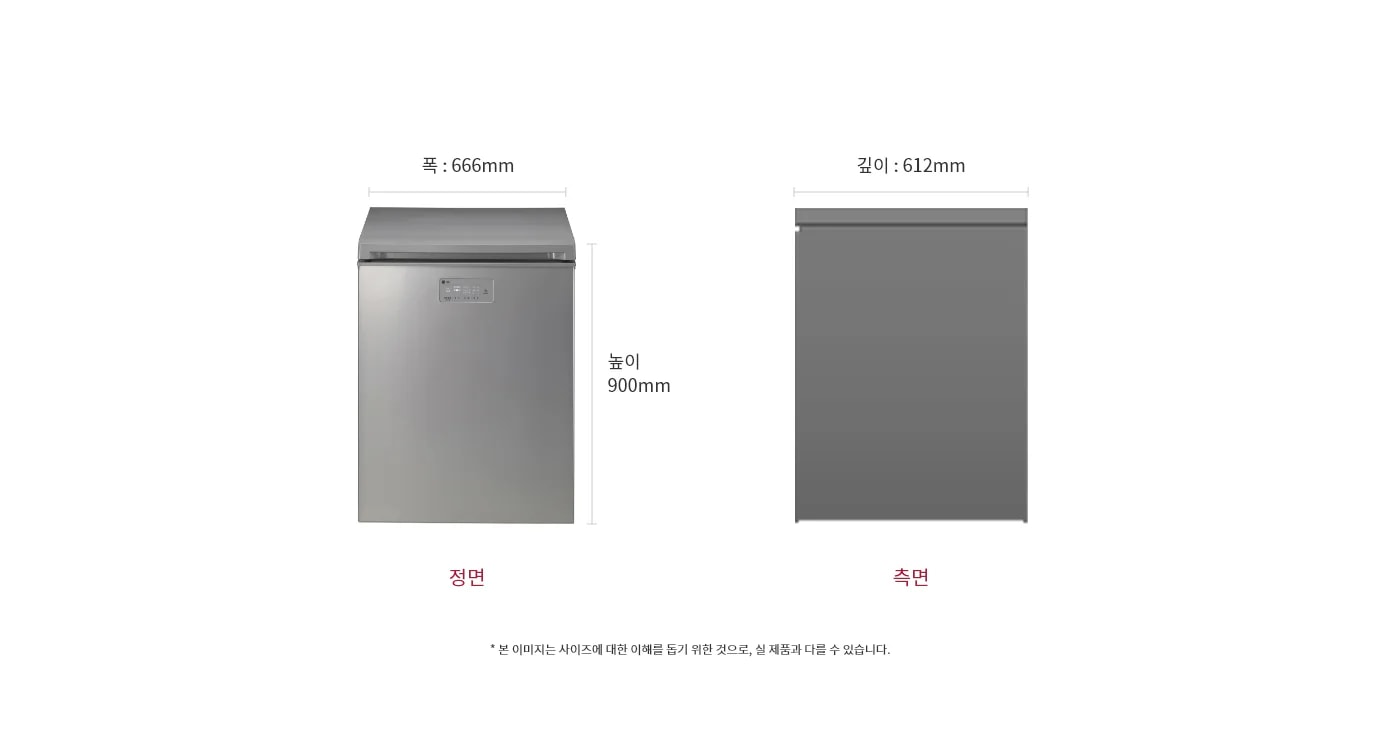 김치냉장고의 정면과 측면이 나란히 배치되어 있으며, 정면 이미지 위에는 폭: 666mm, 높이: 900mm라는 치수가 표시되어 있습니다. 측면 이미지 위에는 깊이: 612mm라는 치수가 나타나 있습니다. 정면 아래에는 정면, 측면 아래에는 측면이라는 텍스트가 각각 적혀 있습니다. 