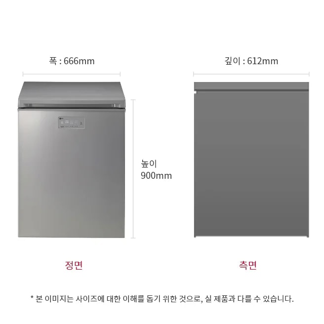 김치냉장고의 정면과 측면이 나란히 배치되어 있으며, 정면 이미지 위에는 폭: 666mm, 높이: 900mm라는 치수가 표시되어 있습니다. 측면 이미지 위에는 깊이: 612mm라는 치수가 나타나 있습니다. 정면 아래에는 정면, 측면 아래에는 측면이라는 텍스트가 각각 적혀 있습니다. 
