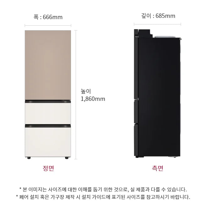 이 이미지는 LG 냉장고의 크기를 보여주는 정면 및 측면 도면으로 냉장고의 높이는 1,860mm, 폭은 666mm, 깊이는 685mm입니다.