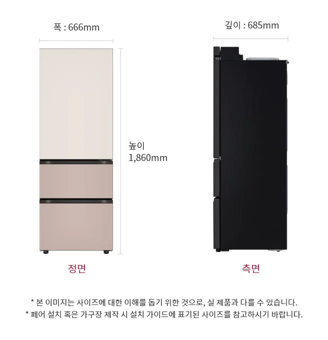 이 이미지는 LG 냉장고의 크기를 보여주는 정면 및 측면 도면으로 냉장고의 높이는 1,860mm, 폭은 666mm, 깊이는 685mm입니다.