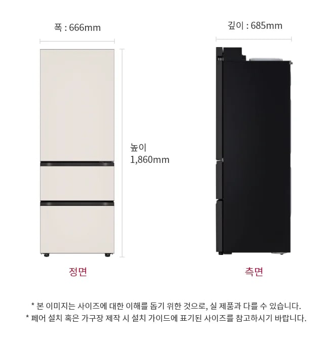 이 이미지는 LG 냉장고의 크기를 보여주는 정면 및 측면 도면으로 냉장고의 높이는 1,860mm, 폭은 666mm, 깊이는 685mm입니다.
