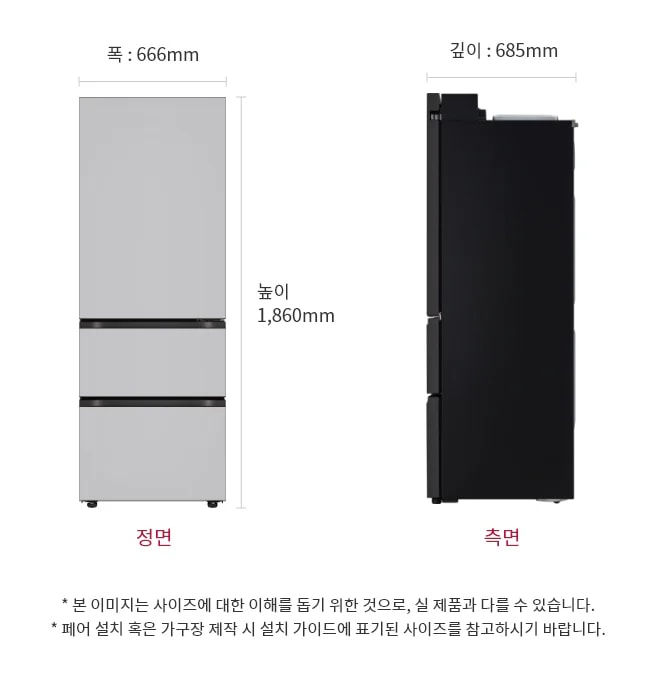이 이미지는 LG 냉장고의 크기를 보여주는 정면 및 측면 도면으로 냉장고의 높이는 1,860mm, 폭은 666mm, 깊이는 685mm입니다.