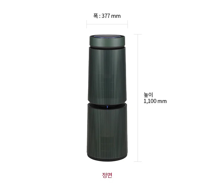 LG 퓨리케어 AI 오브제컬렉션 360˚ 공기청정기 M7의 정면 모습이 있으며, 제품의 크기는 폭 377mm, 높이 1,100mm입니다.