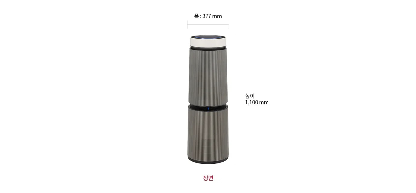 LG 퓨리케어 AI 오브제컬렉션 360˚ 공기청정기 M7의 정면 모습이 있으며, 제품의 크기는 폭 377mm, 높이 1,100mm입니다.