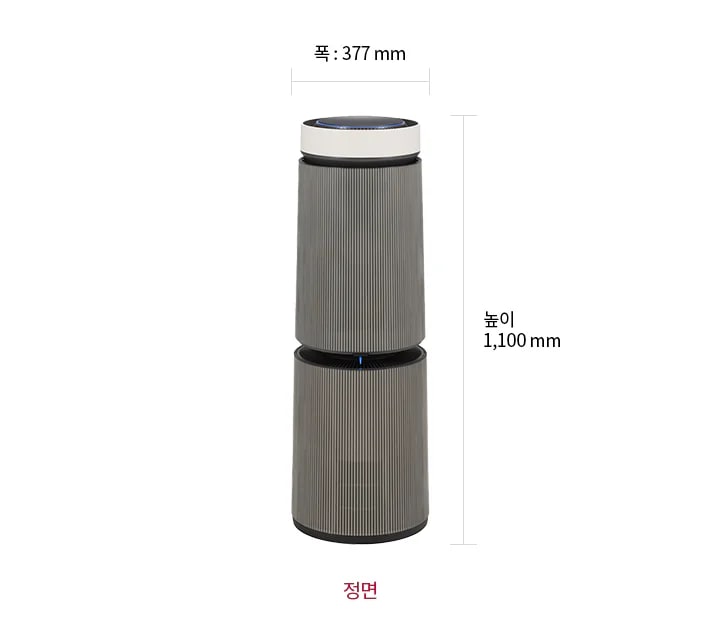 LG 퓨리케어 AI 오브제컬렉션 360˚ 공기청정기 M7의 정면 모습이 있으며, 제품의 크기는 폭 377mm, 높이 1,100mm입니다.